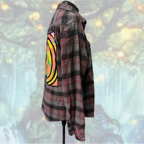 Nirvana Smiley Upcycled Flannel (Burnside) – XL Oversized Grunge Shacket - Picture 3 of 5